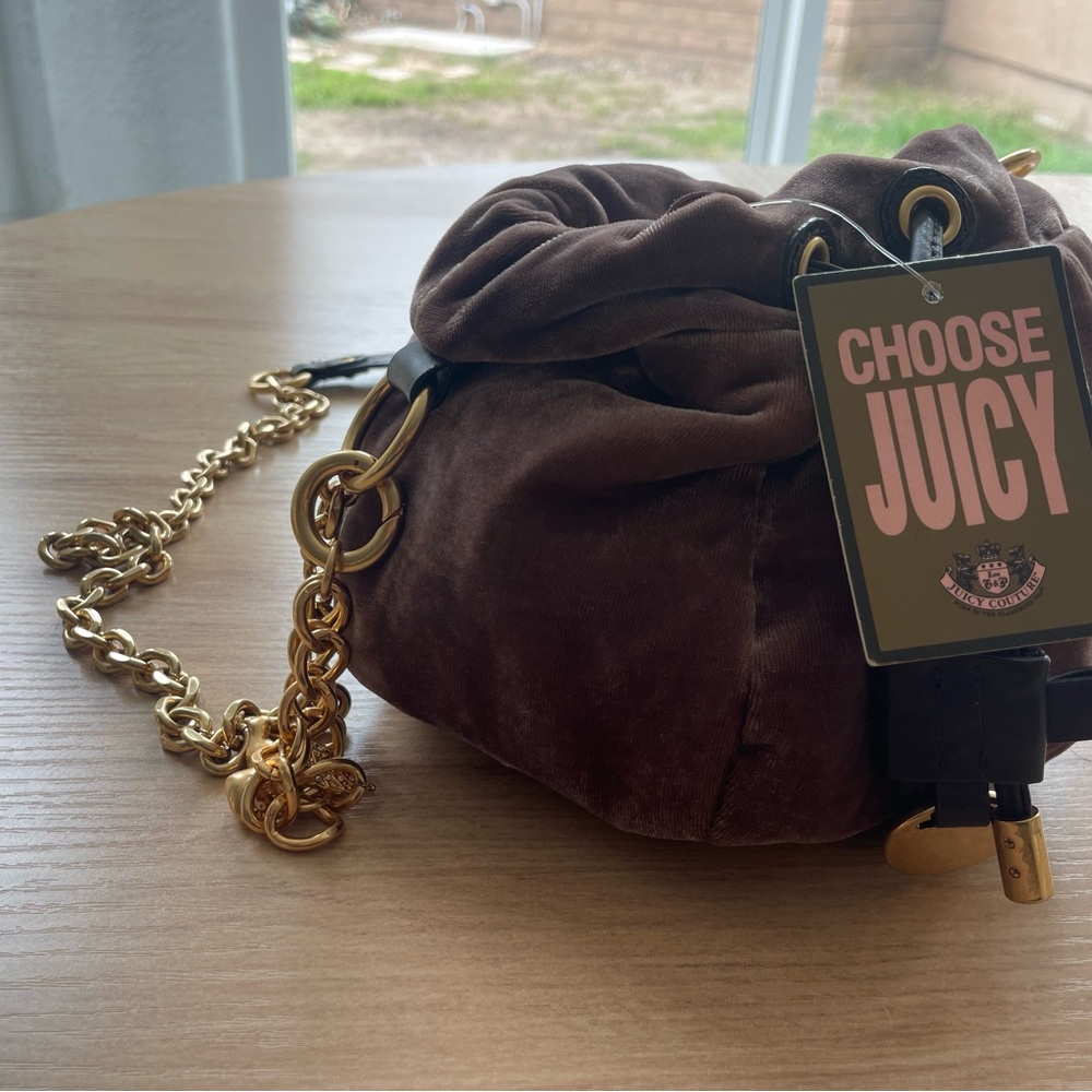 Juicy Couture Dark Brown Suede Shoulder Bag with Gold Chain